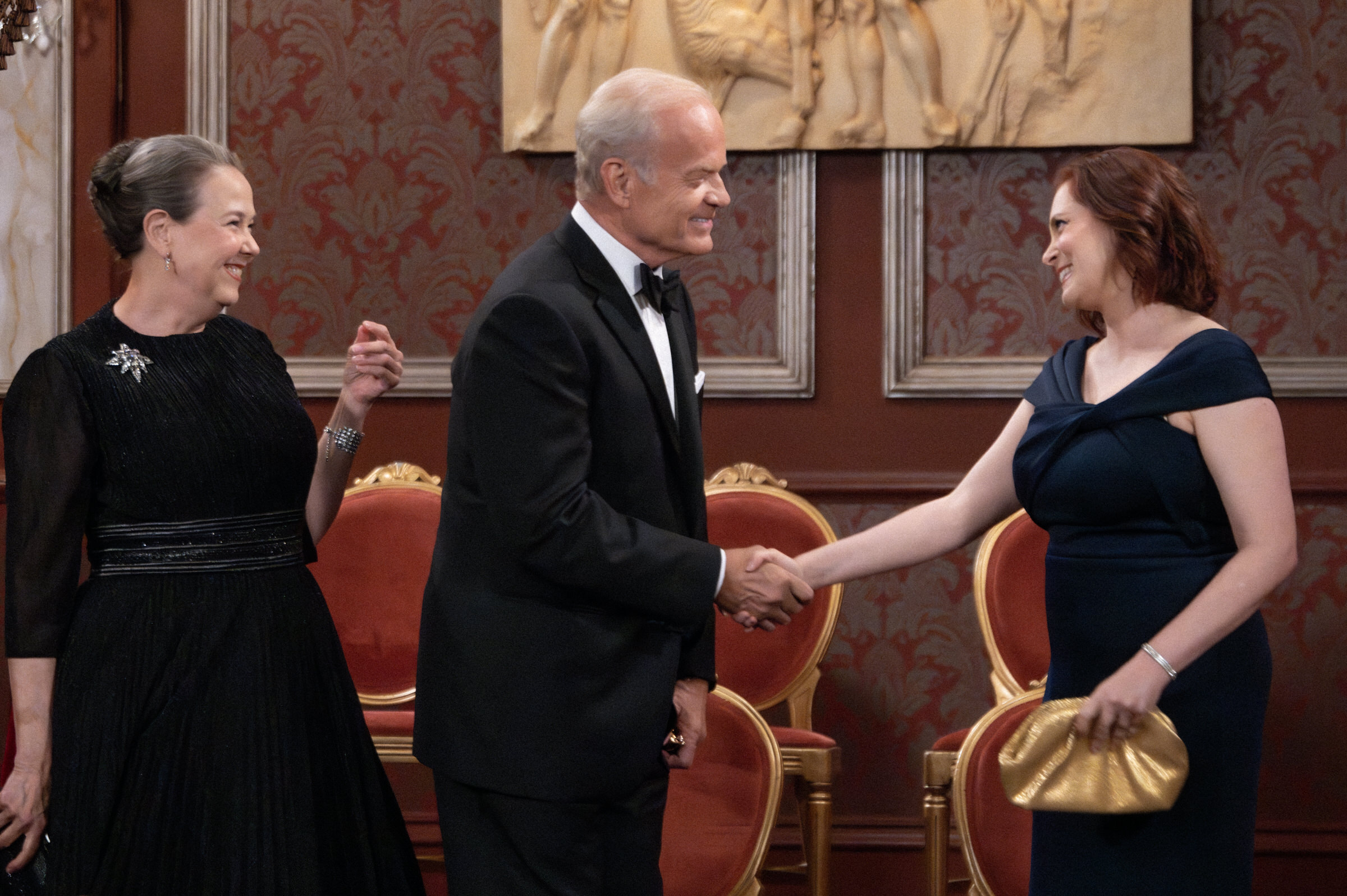 L-R: Harriet Sansom Harris as Bebe, Kelsey Grammer as Frasier, and Rachel Bloom as Phoebe in Frasier, episode 5, season 2 streaming on Paramount+, 2024.  Photo credit: Chris Haston/Paramount+