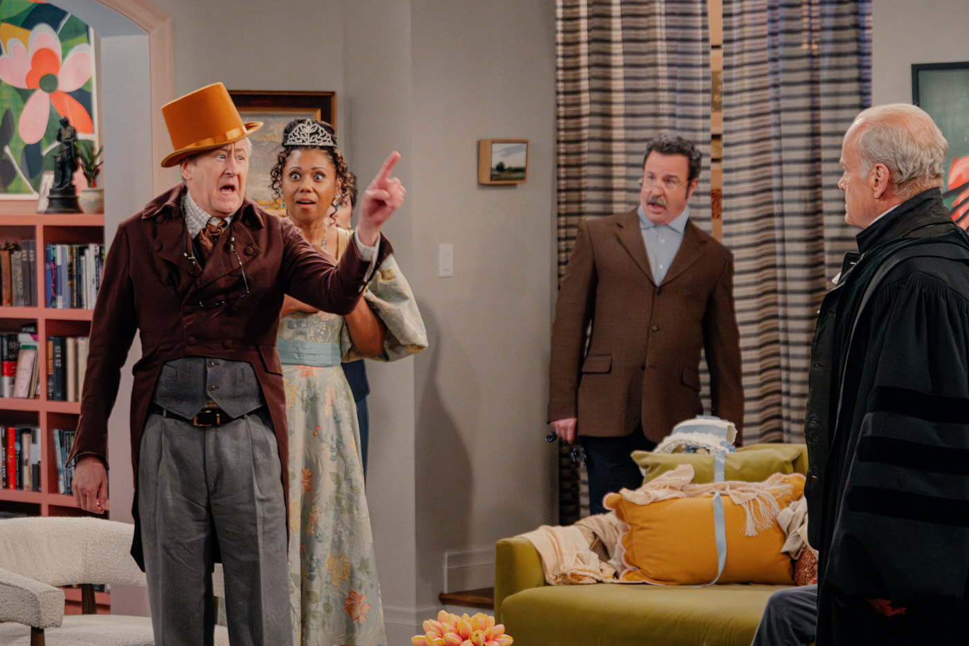 L-R: Nicholas Lyndhurst as Alan, Toks Olagundoye as Olivia, Paolo Andino as Grimsby and Kelsey Grammer as Frasier in Frasier episode 9, season 2 streaming on Paramount+, 2024. Photo credit: Chris Haston/Paramount+