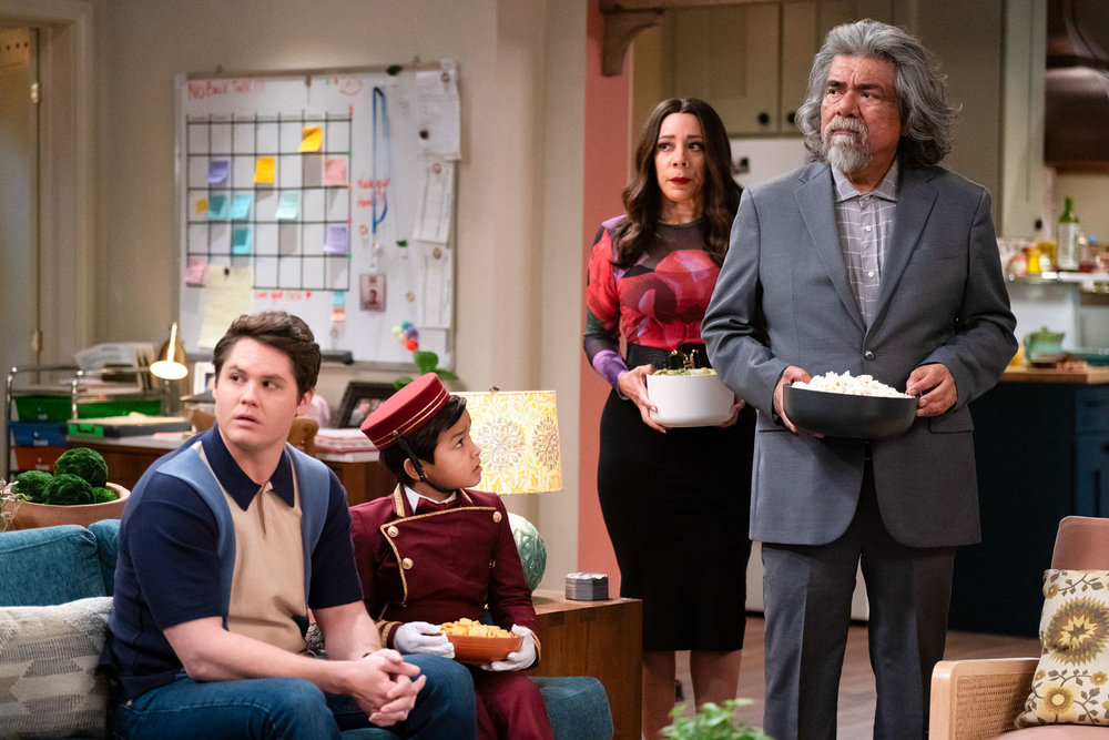 LOPEZ VS LOPEZ -- "Lopez vs Memories" Episode 311 -- Pictured: (l-r) Matt Shively as Quinten, Brice Gonzalez as Chance, Selenis Leyva as Rosie, George Lopez as George -- (Photo by: Nicole Weingart/NBC)