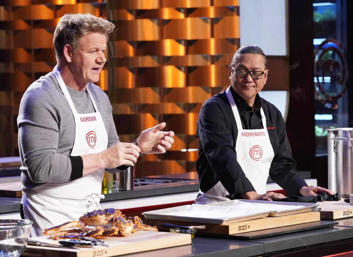 MASTERCHEF: L-R: Host/chef Gordon Ramsay with special guest chef Masaharu Morimoto in the King of the Crabs episode of MASTERCHEF airing Wednesday, July 24 (8:00-9:00 PM ET/PT) on FOX. © FOX MEDIA LLC. CR: Greg Gayne/ FOX.