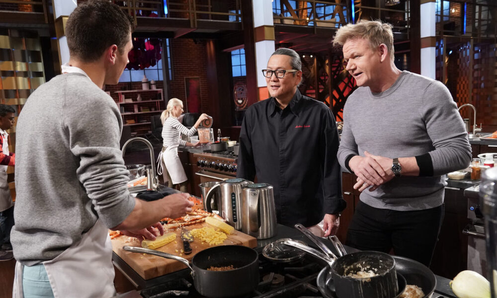 MASTERCHEF: L-R: Contestant Nick with special guest chef Masaharu Morimoto and host/chef Gordon Ramsay in the “King of the Crabs” episode of MASTERCHEF airing Wednesday, July 24 (8:00-9:00 PM ET/PT) on FOX. © FOX MEDIA LLC. CR: Greg Gayne/ FOX.