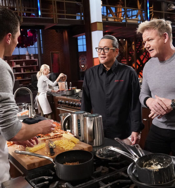 MASTERCHEF: L-R: Contestant Nick with special guest chef Masaharu Morimoto and host/chef Gordon Ramsay in the “King of the Crabs” episode of MASTERCHEF airing Wednesday, July 24 (8:00-9:00 PM ET/PT) on FOX. © FOX MEDIA LLC. CR: Greg Gayne/ FOX.