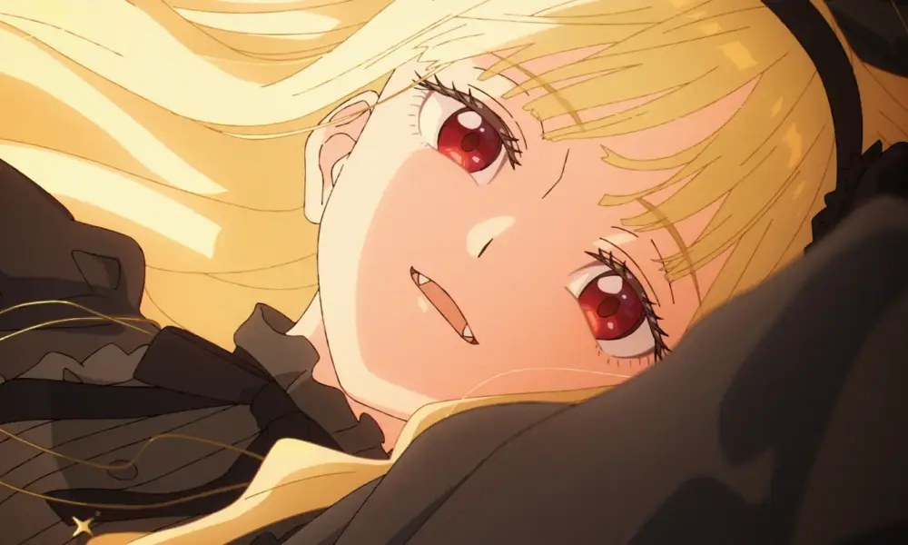 Ayame, a pureblood vampire with long blonde hair and red eyes, lies back in the dark