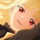 Ayame, a pureblood vampire with long blonde hair and red eyes, lies back in the dark
