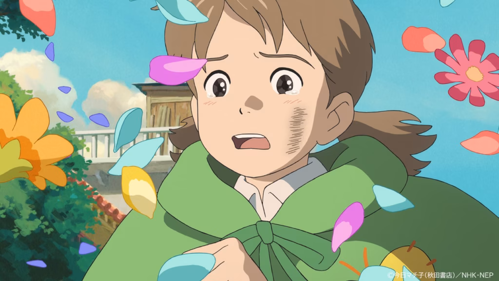 Mayu crying as colorful flower petals swirl around her under a blue sky.