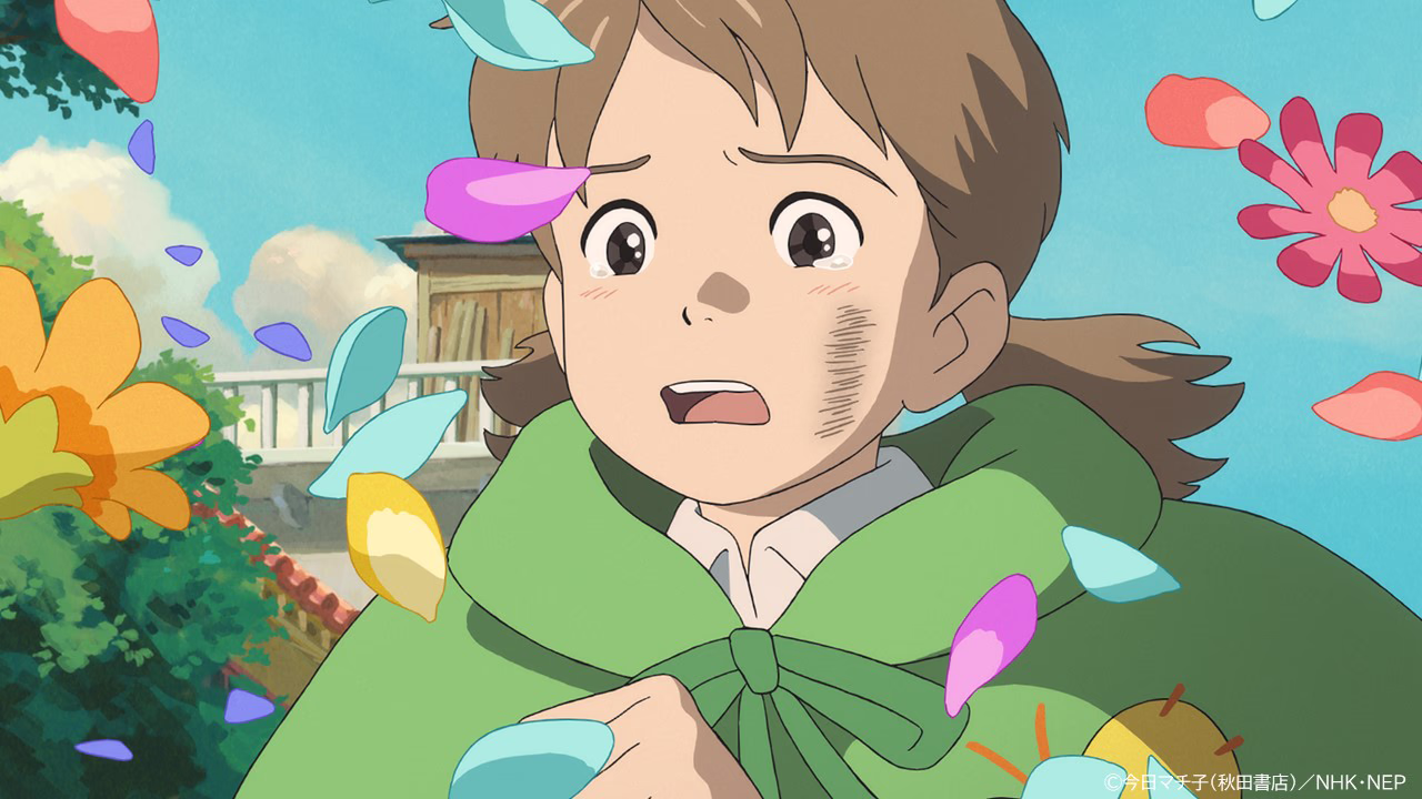 Mayu crying as colorful flower petals swirl around her under a blue sky.