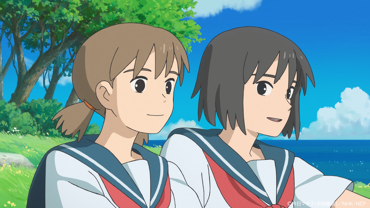 Mayu and San in sailor uniforms side by side against a blue sky and sea.