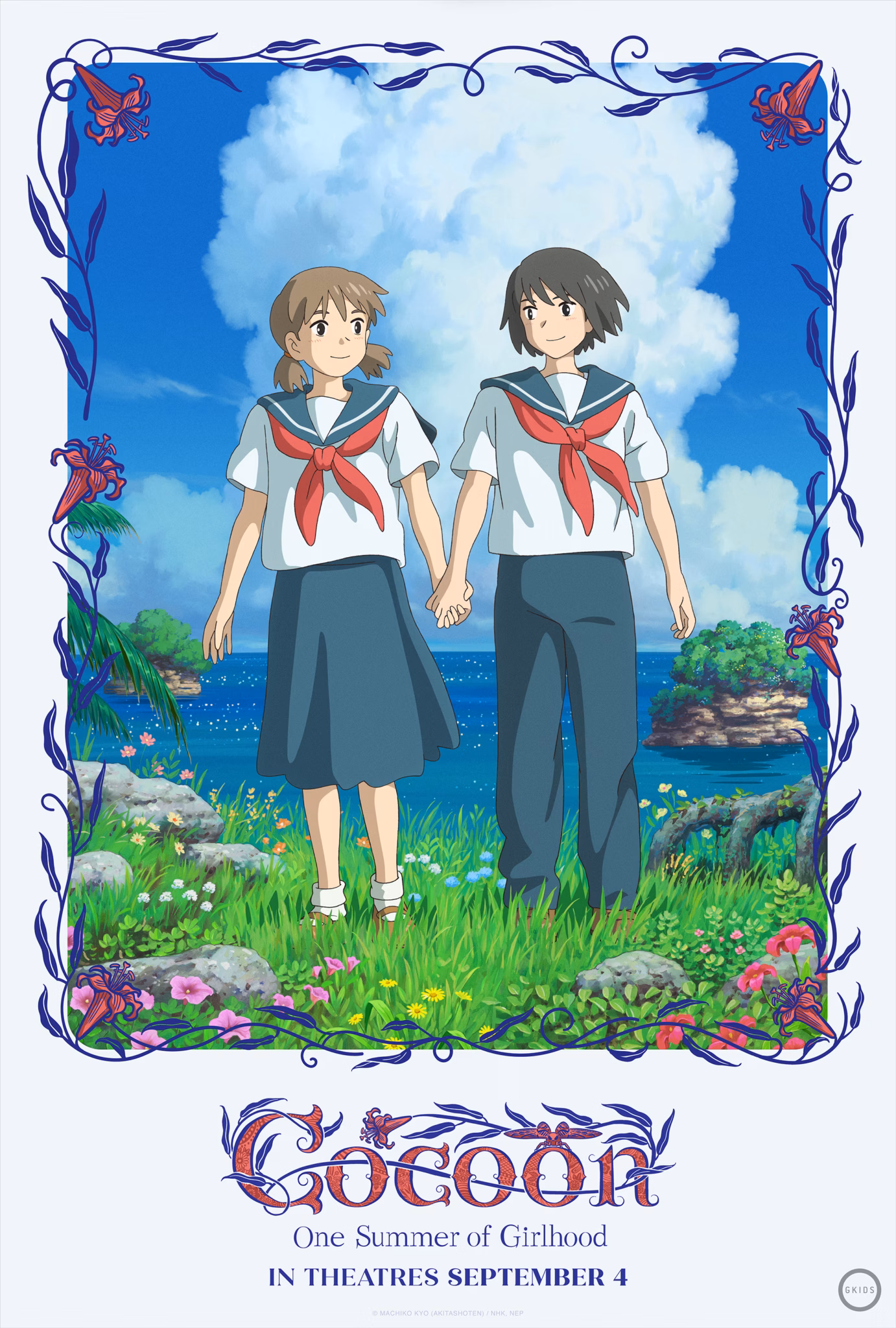 Poster for Cocoon - One Summer of Girlhood. San and Mayu hold hands on a flowered seaside cliff under towering clouds, framed by a border of lily vines.