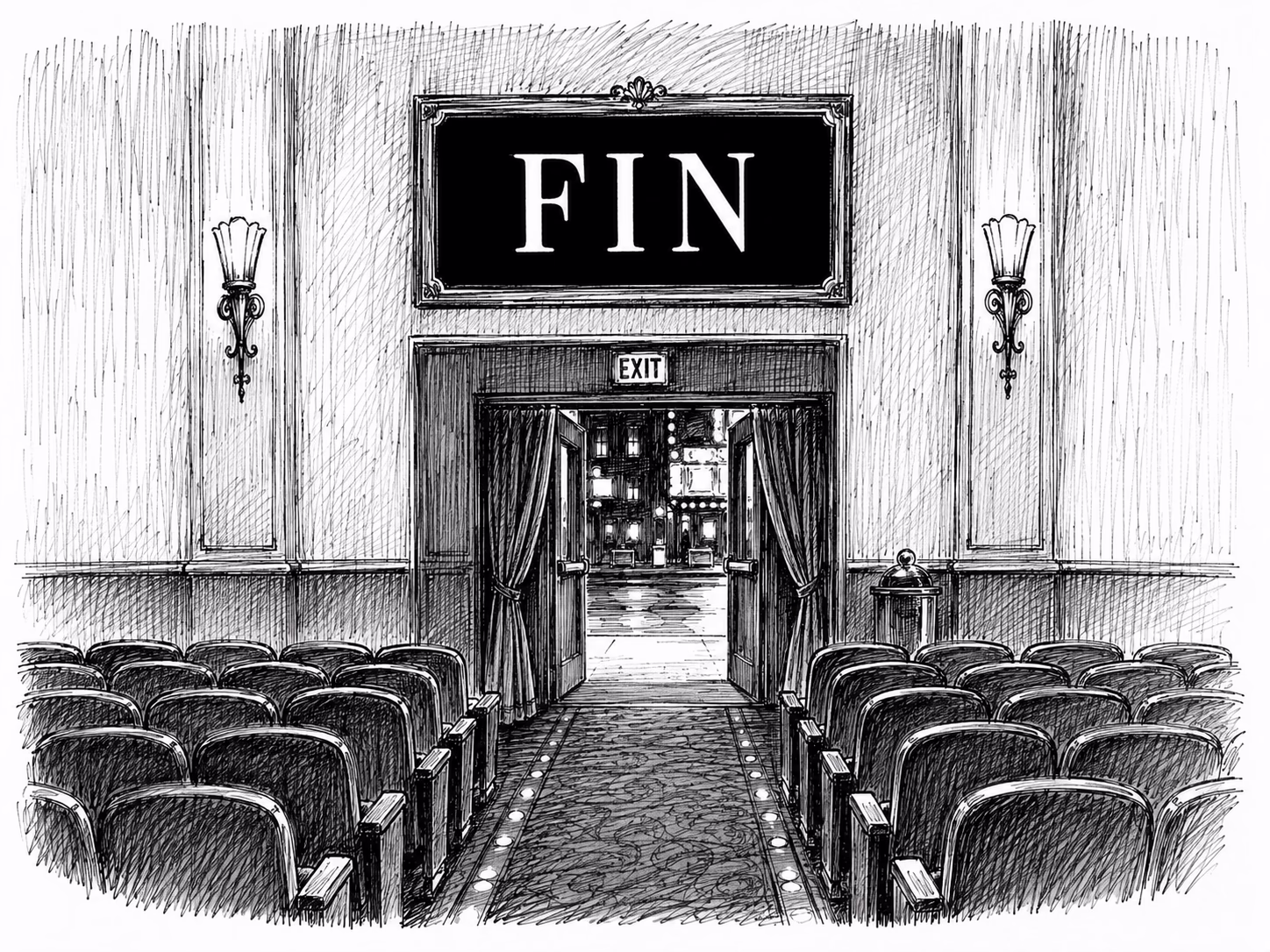 FIN: the empty house, exit doors open onto the lit lobby