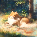Painted avatar of art director Mao Takayama: a Pomeranian dog lying on a sunlit stone path beneath trees.