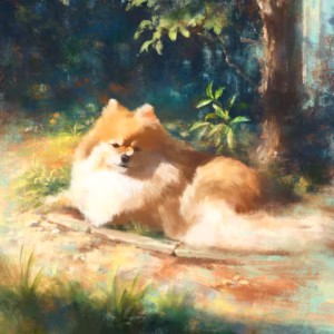 Painted avatar of art director Mao Takayama: a Pomeranian dog lying on a sunlit stone path beneath trees.