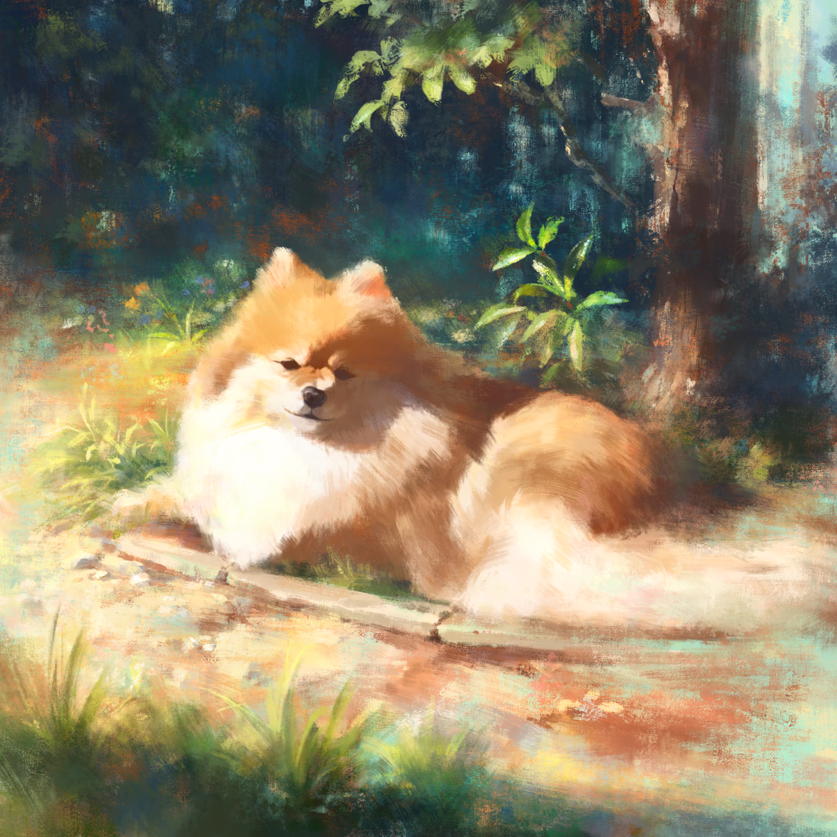 Painted avatar of art director Mao Takayama: a Pomeranian dog lying on a sunlit stone path beneath trees.