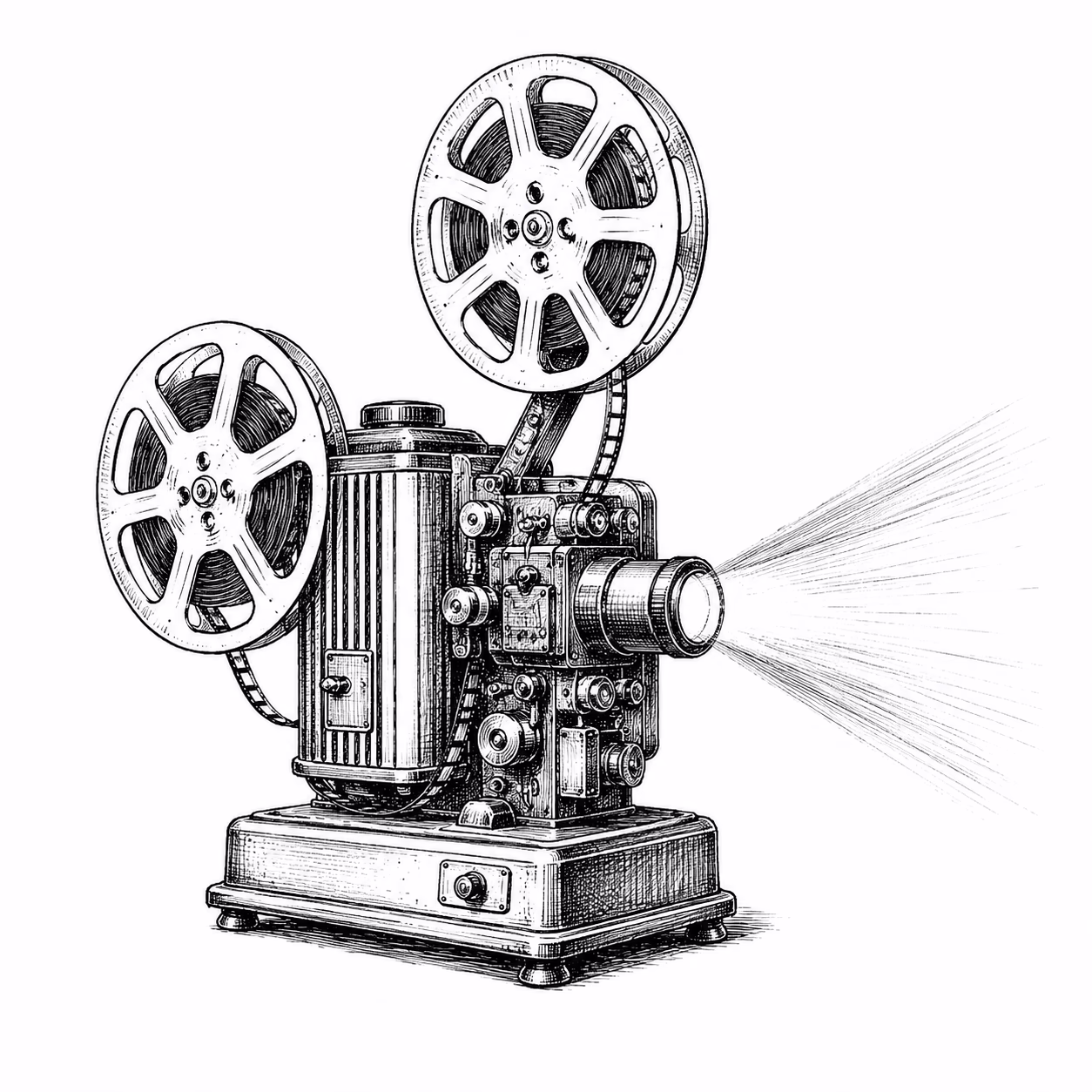Engraved film projector with its beam on, white background