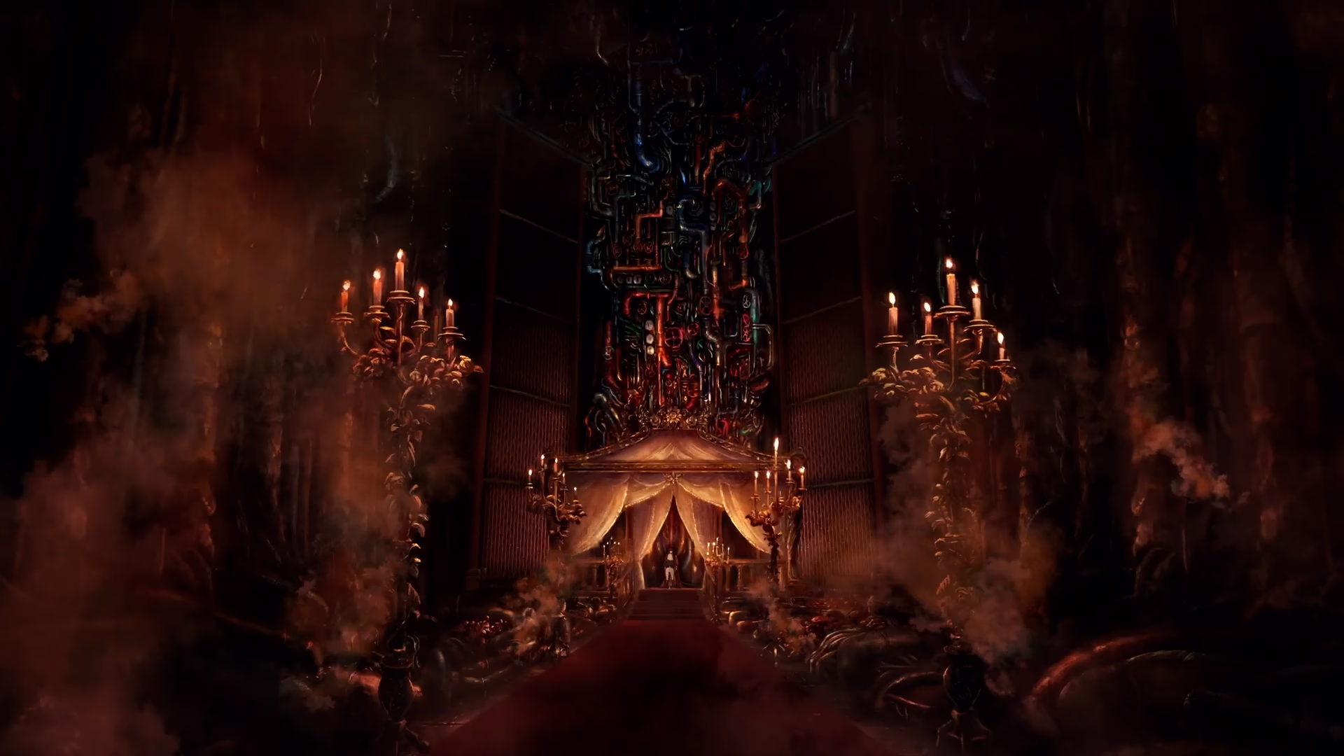 Candlelit hall with a canopied dais beneath a towering wall of pipes.