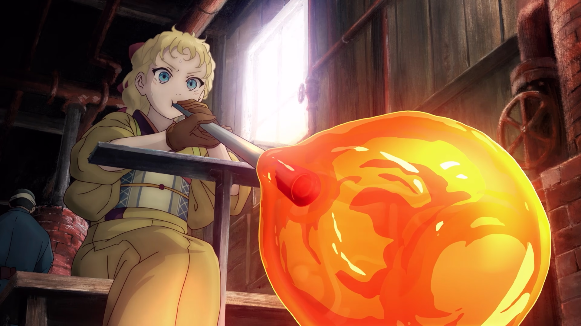 A girl blows molten glass into a glowing orange bulb by a bright window.
