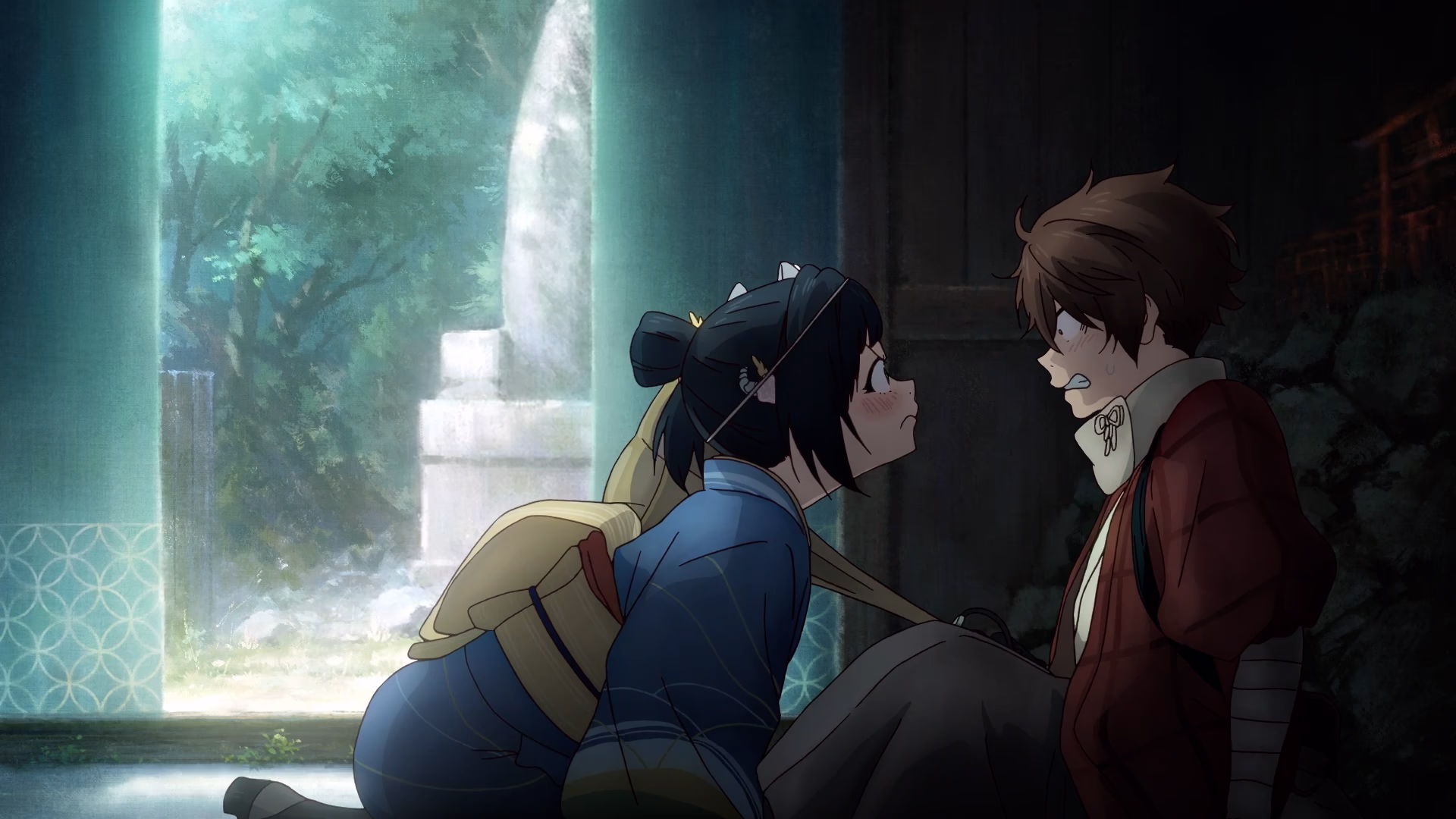 Inako and Kihachi face each other in a dark doorway with sunlit trees beyond.