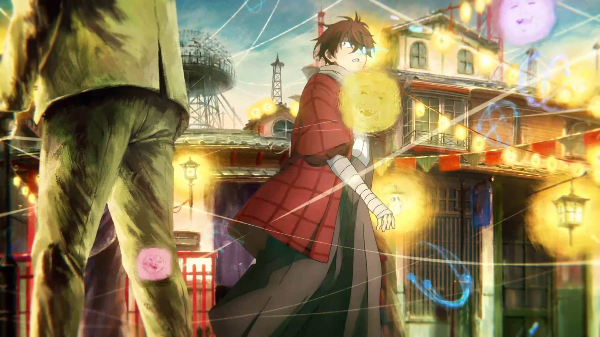 Kihachi in a red plaid haori surrounded by glowing lantern faces and wires in a festival street.
