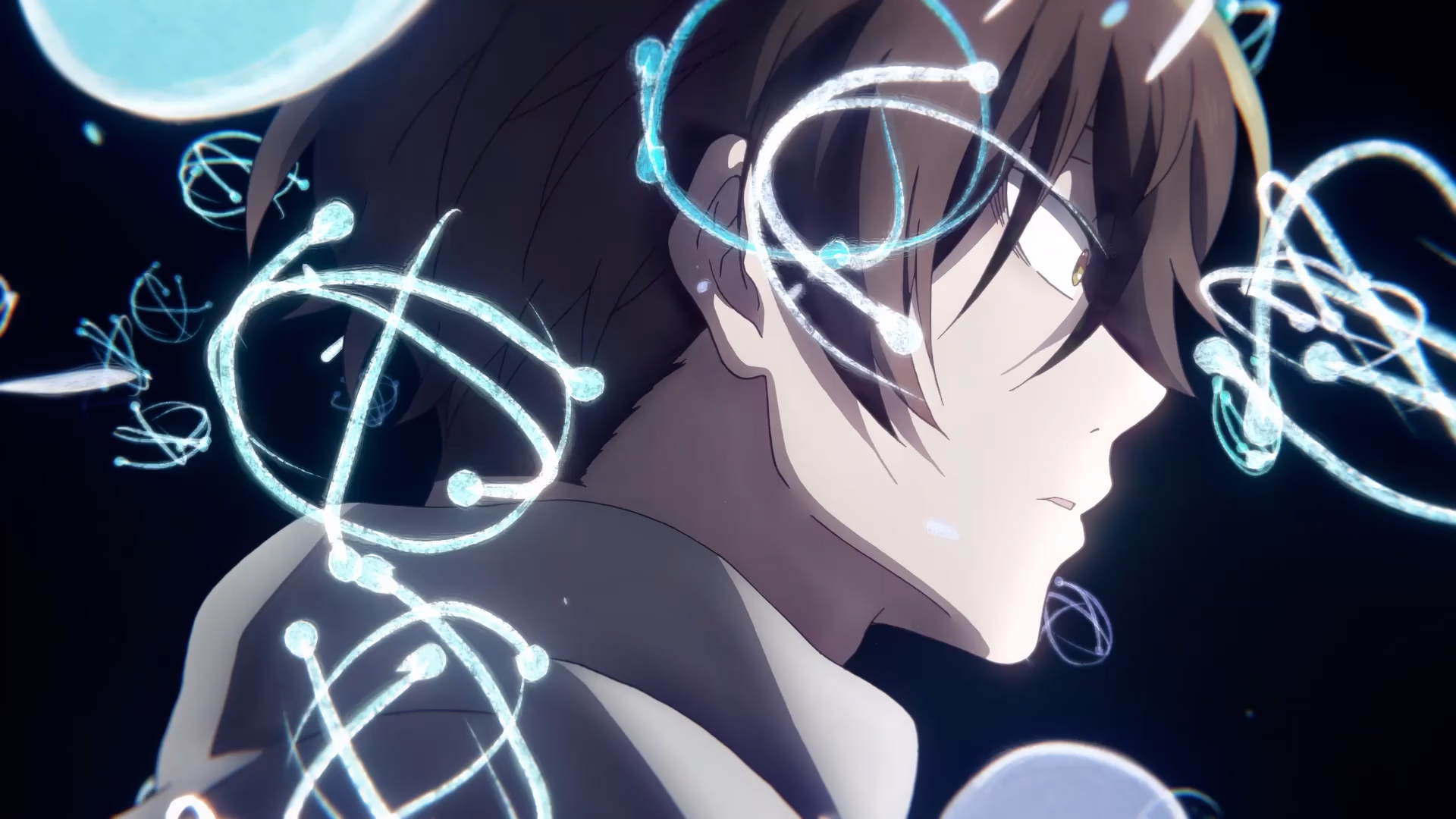 Kihachi in profile surrounded by glowing blue atom-like rings on a dark field.