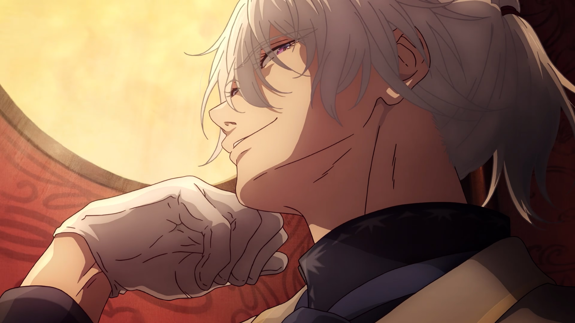 Silver-haired man in profile before a golden circle.