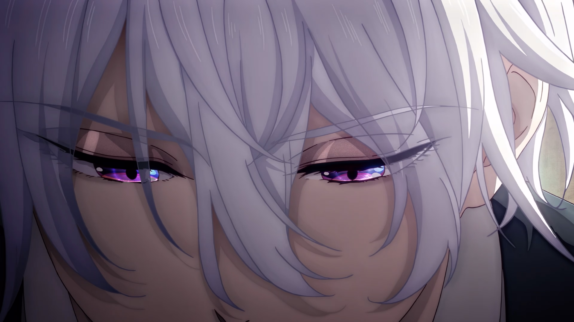 Close-up of a pale-haired man's narrowed violet eyes.