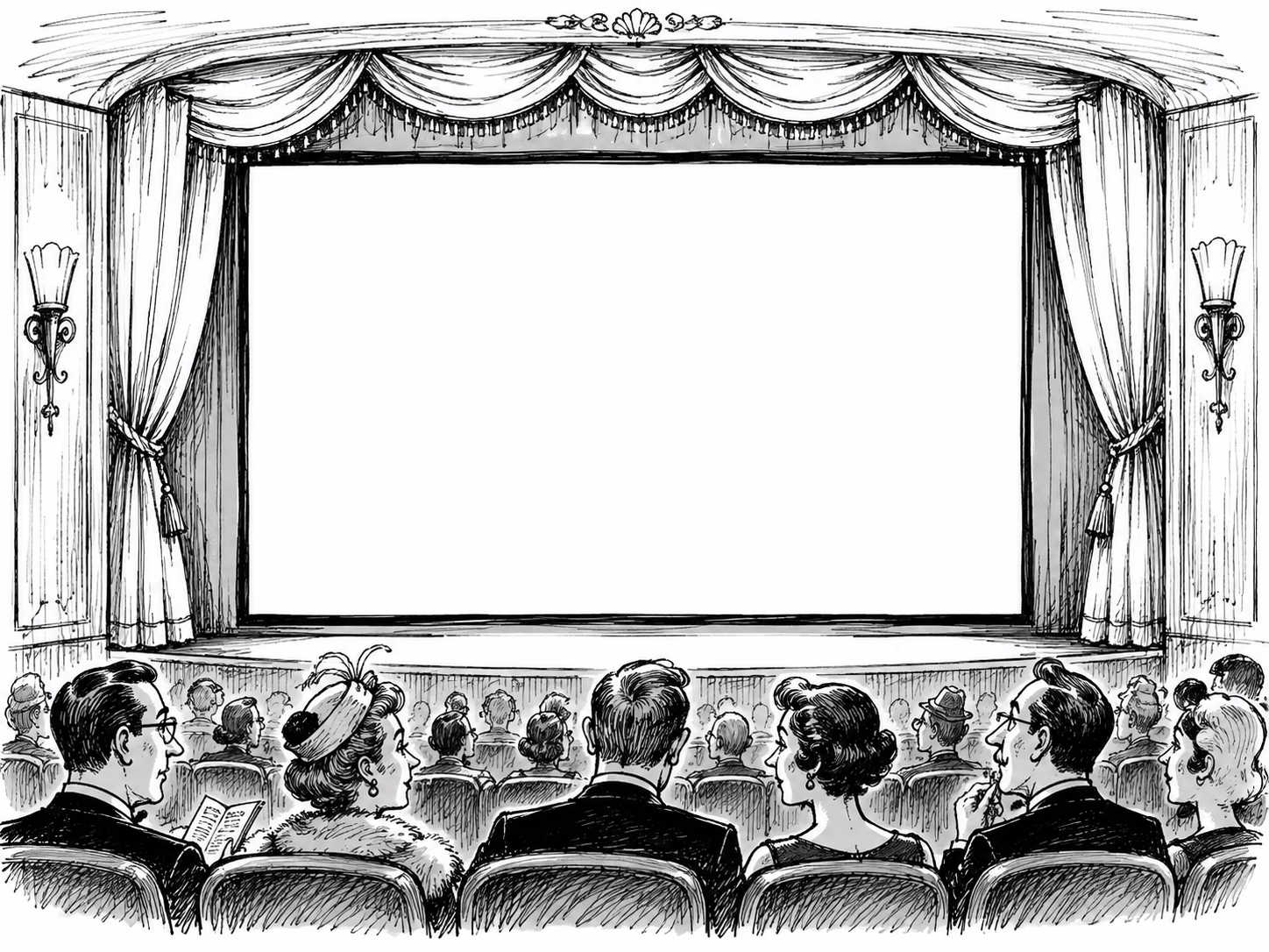 Pen-and-ink theater: fringed valance, tied-back curtains, sconces, stage and audience facing the screen