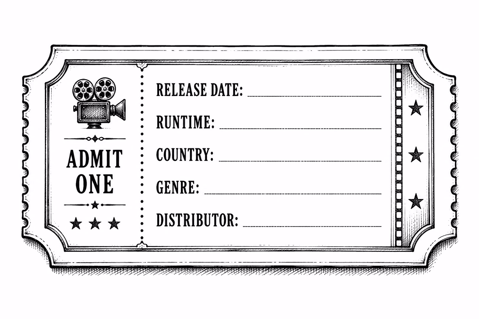 Admit One ticket with ruled lines for the film particulars: release date, runtime, country, genre and distributor